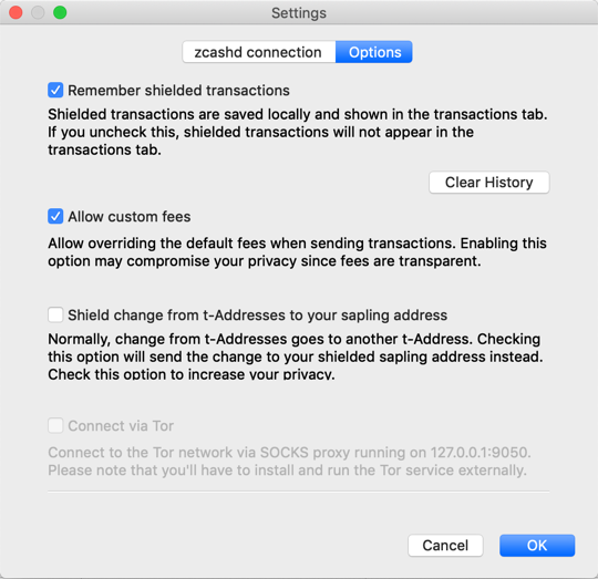ZecWallet options